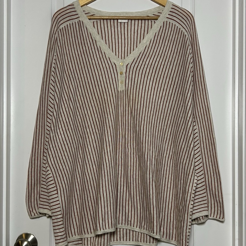 Poetry 100% Organic Cotton Oatmeal Rust Striped Oversized Long Sleeve Henley Top